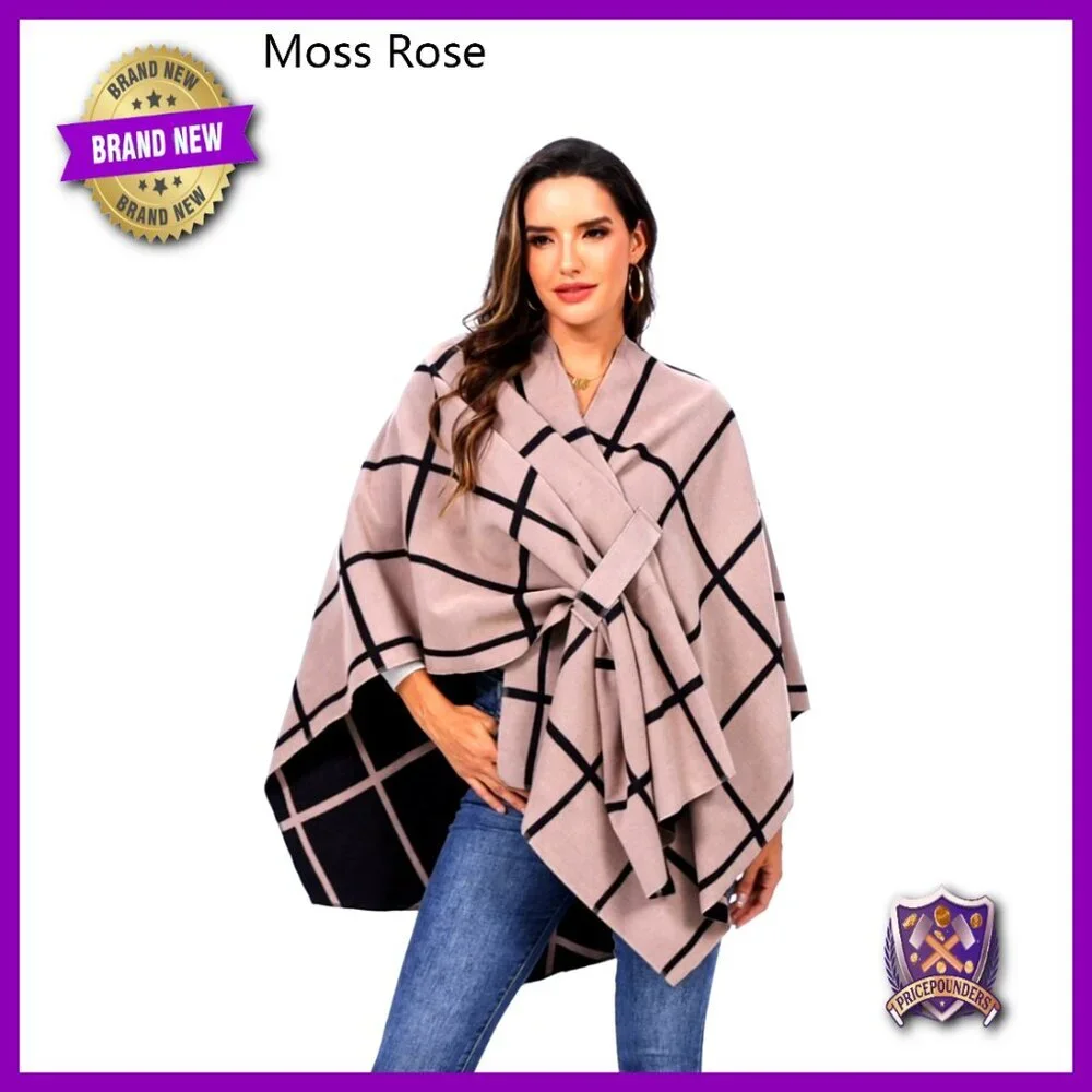Classic Check Poncho Shawl Wrap Elegant Cashmere-Like Viscose Polyester Cape